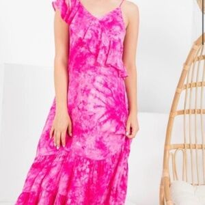 THML Pink Tie-Dye Maxi Dress with Ruffle Detail